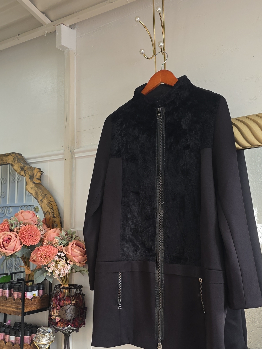 Women's Black Zip-Front Coat with Faux-Fur Panel